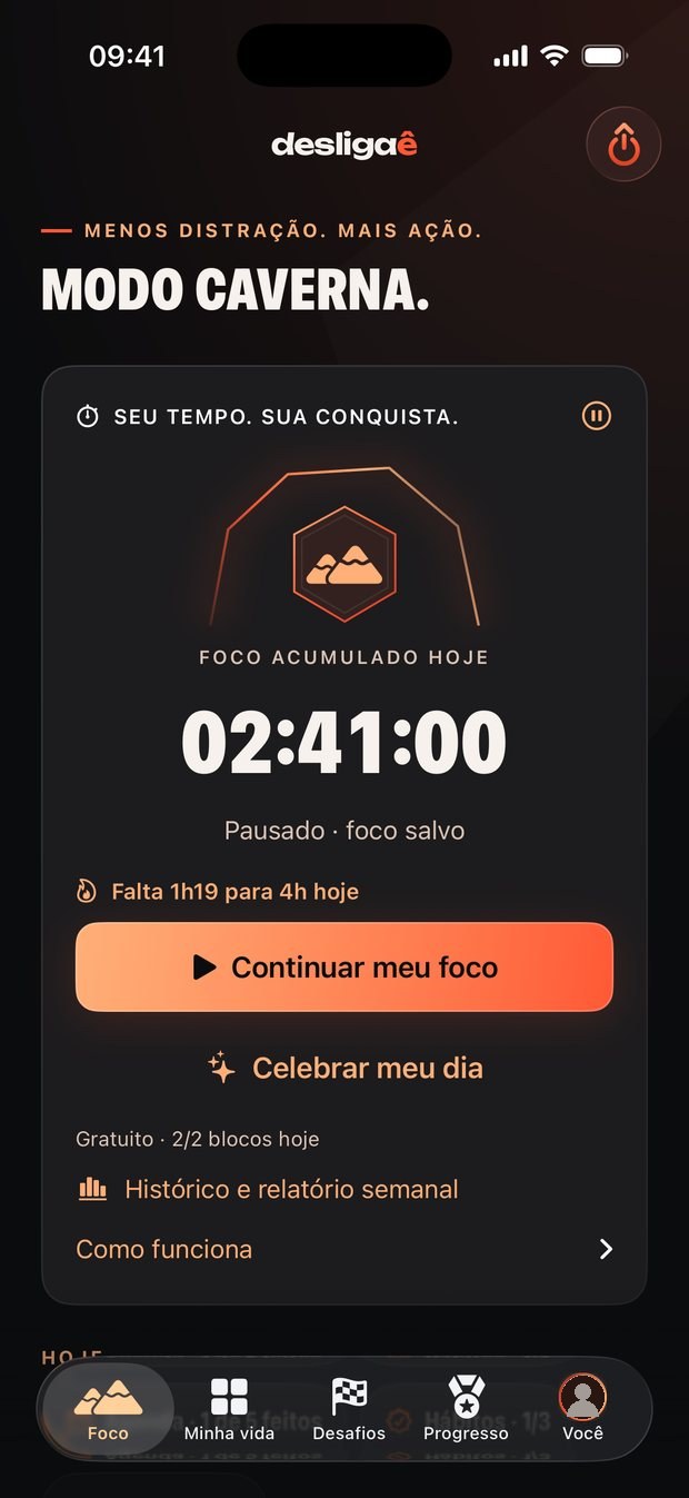 Tela de Foco do app com o tempo acumulado hoje e o botão Celebrar meu dia