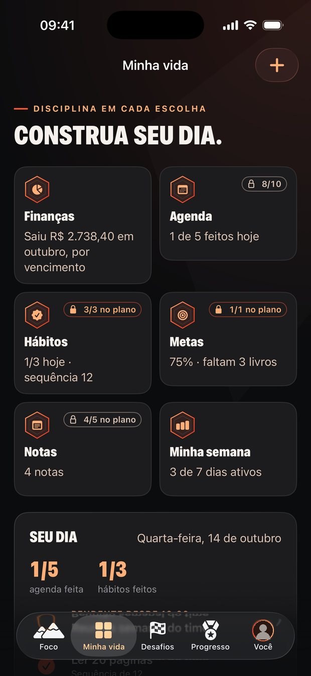 Tela Minha vida do Desligaê com os módulos do dia