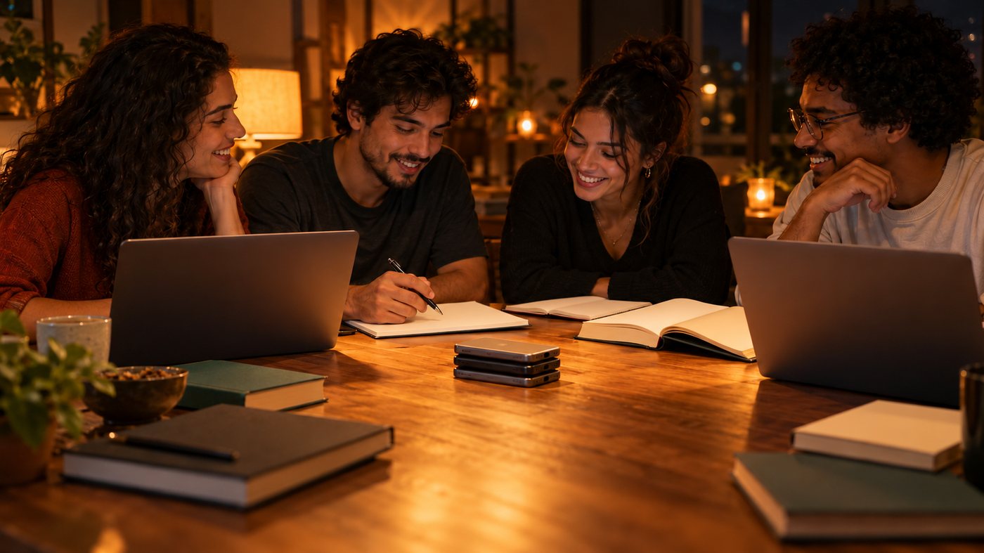 Imagem ilustrativa: quatro amigos fictícios estudando à mesa à noite, com os celulares empilhados no centro